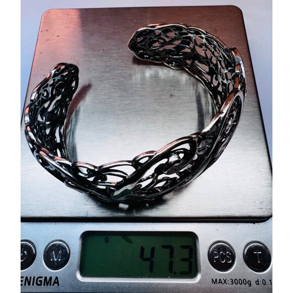 Estate Sterling Silver 925 Openwork Cuff Bracelet 6.5” Wide Ornate Scrollwork - Picture 7 of 9